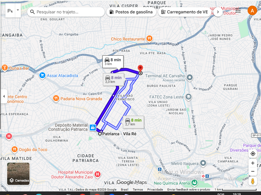 Mapa de referência entre a região de Patriarca–Vila Ré e a Central de Treinamento próxima ao Terminal A.E. Carvalho